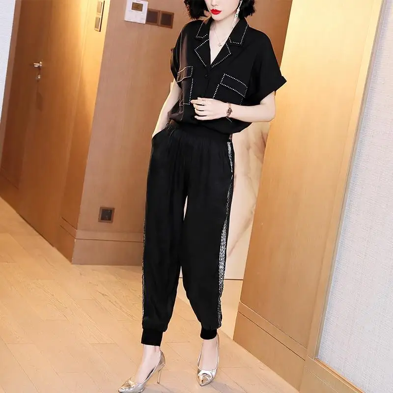 

HOT Selling Office Lady Casual 2 Piece Set Women Short V-Neck Shirt with Crystal +long Pants Elegant Sweatsuits for Female Z59