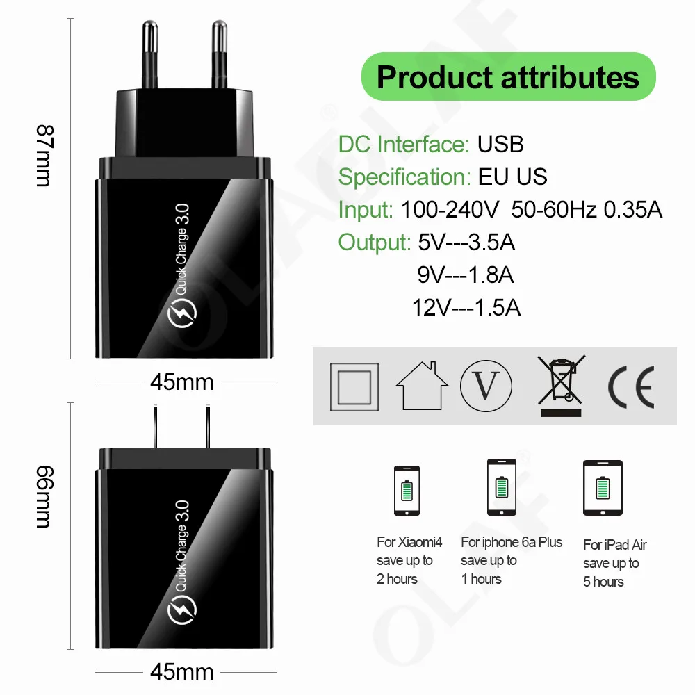 Зарядное устройство Olaf USB 3 0 QC 4 мобильный телефон быстрая зарядка для iPhone Samsung Xiaomi