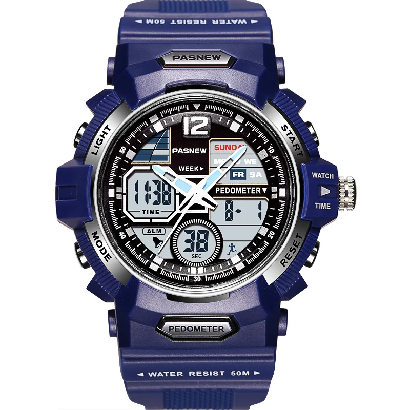 Часы наручные PASNEW мужские кварцевые, роскошные брендовые модные синие спортивные, с двойным дисплеем, с шагомером для фитнеса и плавания