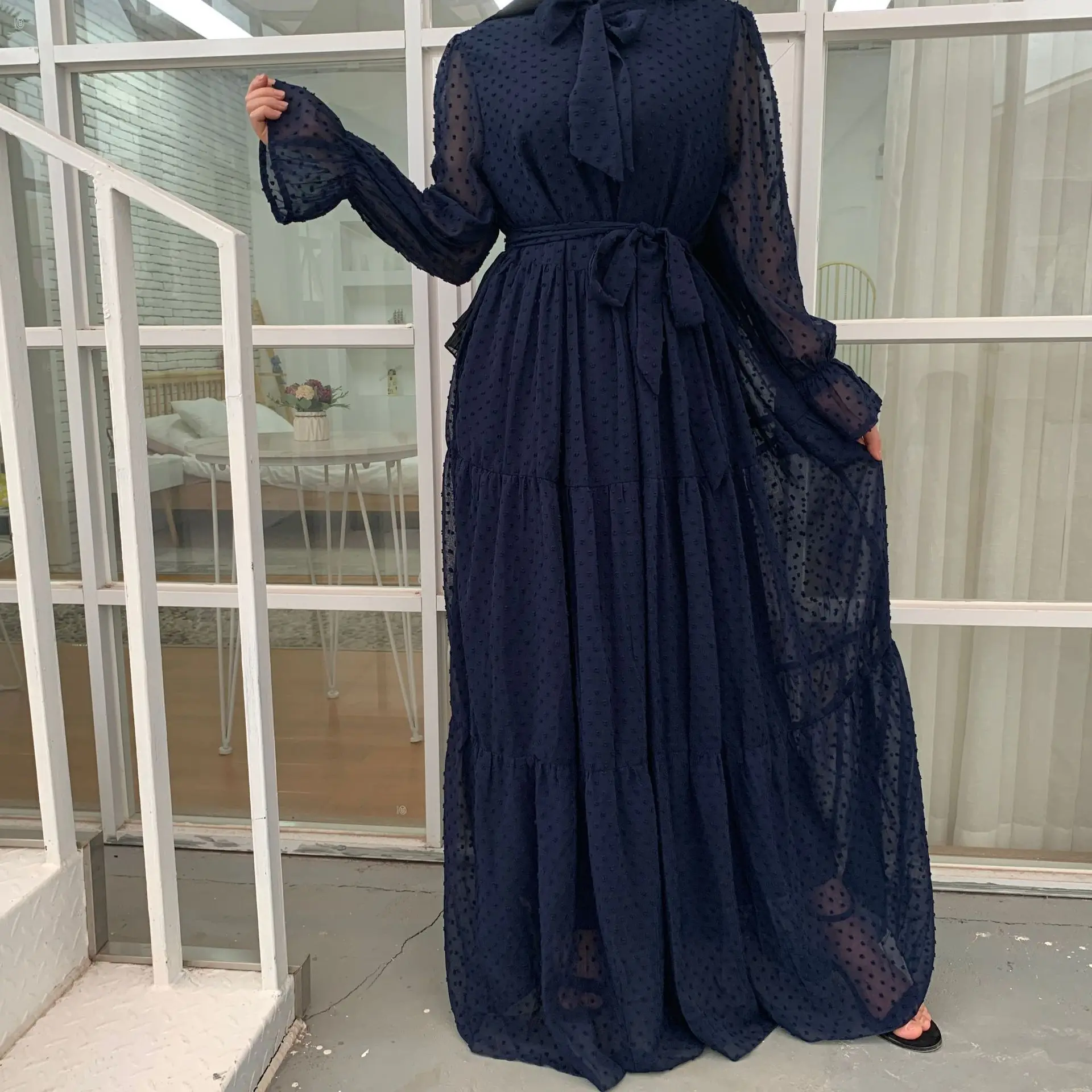 

Pompoms Tiered Maxi Dress Women Long Sleeve Bowknot Tie Neck Lined Long Maxi Dress Muslim Islamic Modest Hijab Robe Abaya Dubai