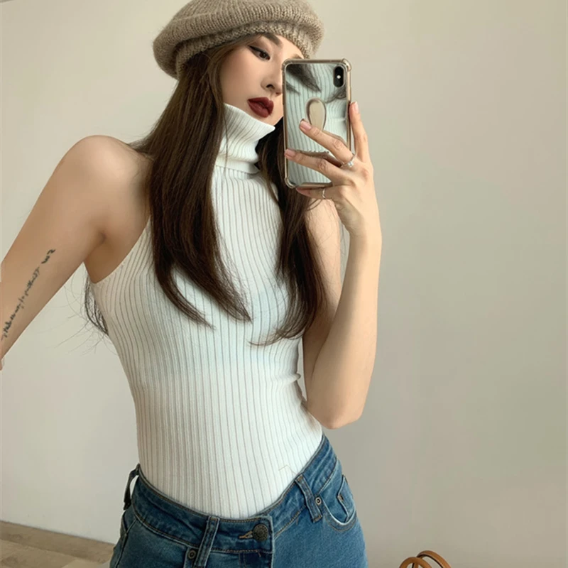 

Autumn Women Knitted Tank Tops Female Solid Sleeveless Turtleneck Casual Crop Tank Tops For Ladies