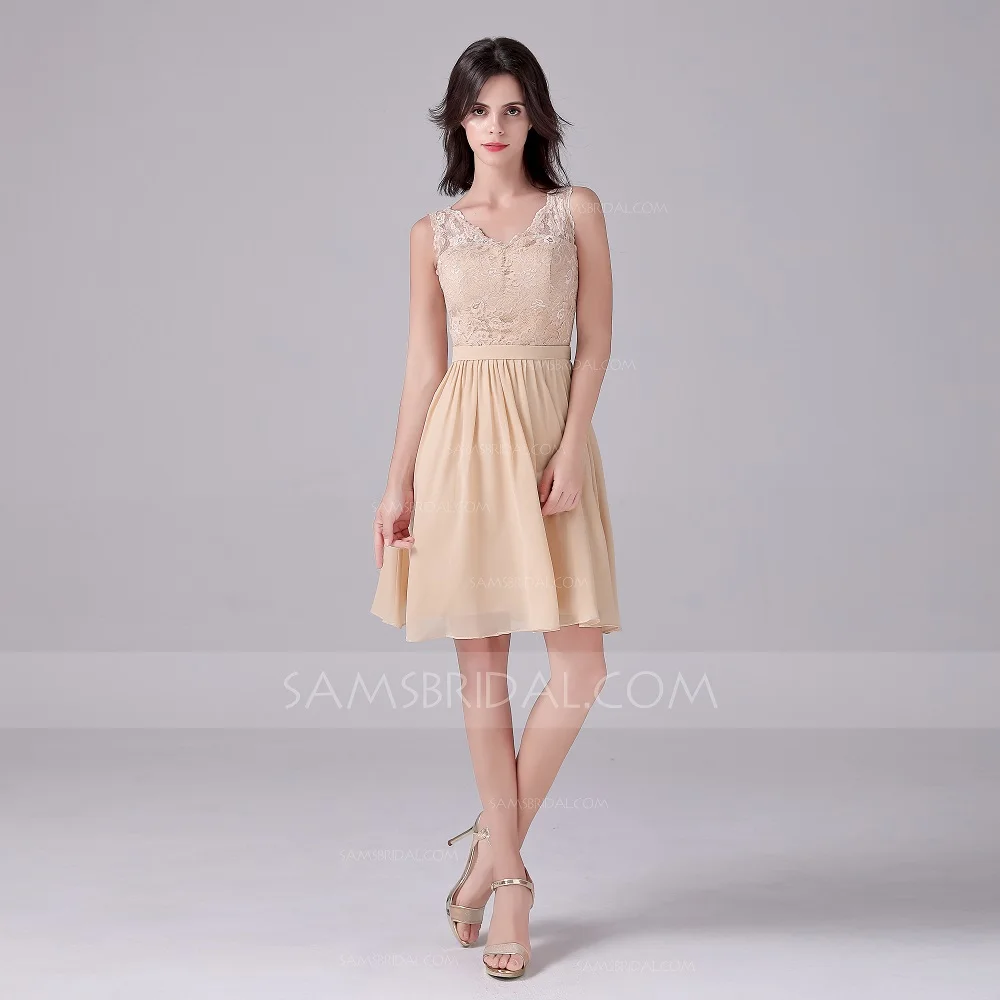 A Line v образным вырезом без рукавов шифон длиной до колена платья для выпускного