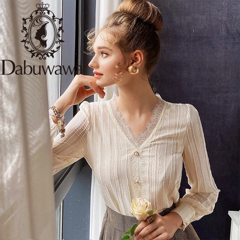 

Dabuwawa Exclusive Ruffle V-Neck Chiffon Blouse Women Single Breasted Long Sleeve Casual Solid Shirts Tops Ladies DO1ACF004