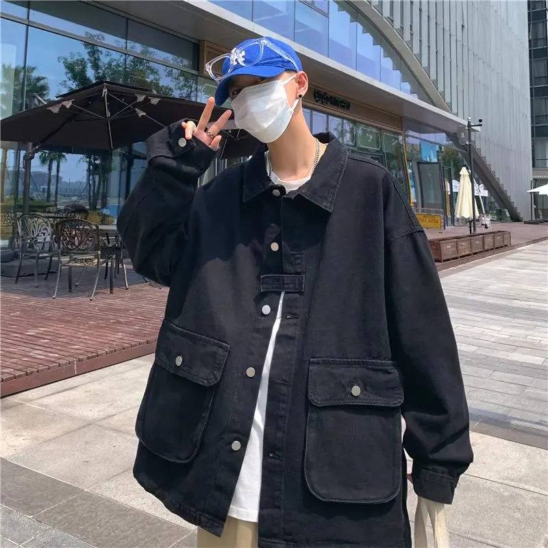 

Hong Kong style ruffian handsome denim jacket male Korean version of the trend loose bf tide brand ins retro tooling jacket