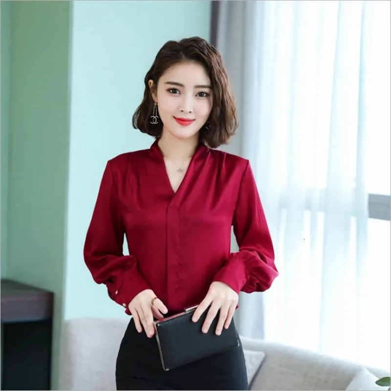 2019 Lente Nieuwe Mode Vrouwen повседневные сексуальные v-образный вырез атласные блузки Lange Mouw