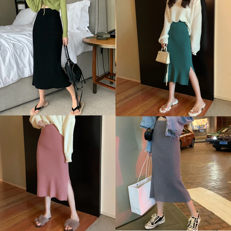 Юбка с высокой талией зимняя миди длинная осенняя разрезом однотонная до колена