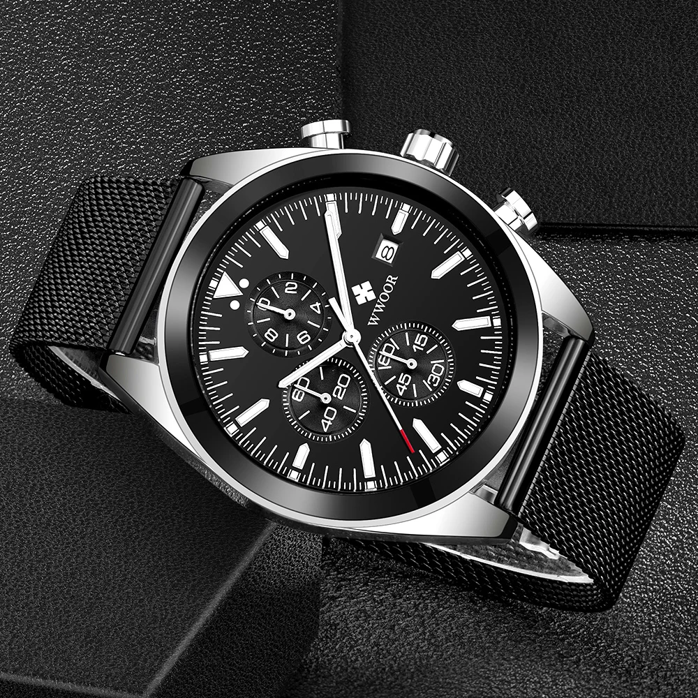 Мужские спортивные часы WWOOR 2021 черные роскошные ведущей марки в стиле милитари со