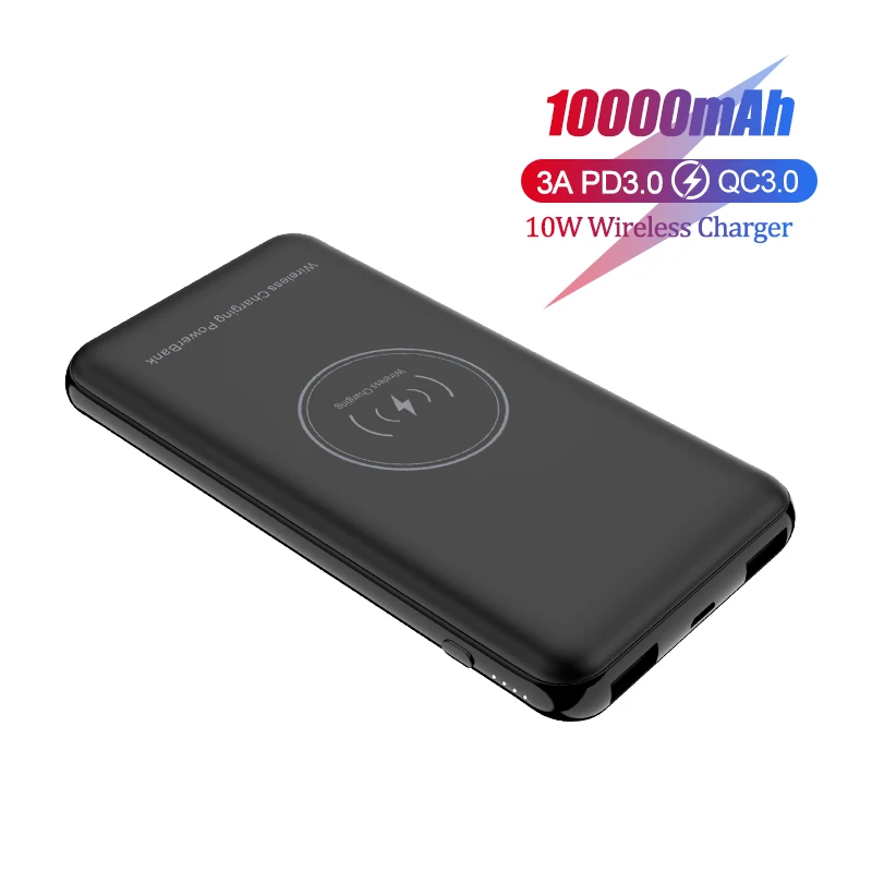 Портативное зарядное устройство 10000 мАч, 18 Вт, быстрая зарядка QC3.0, PD3.0, 10 Вт, Qi, беспроводное зарядное устройство, внешний аккумулятор для быстрой зарядки - Цвет: Black 10000mAh