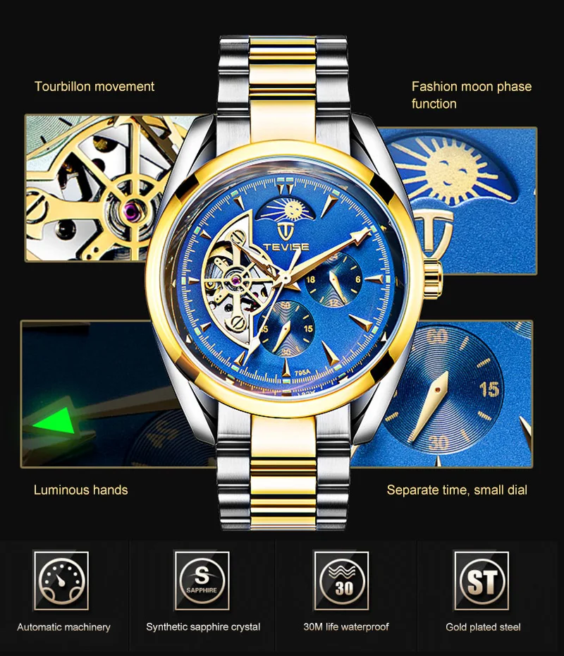 TEVISE мужские часы Tourbillon Moon Phase Роскошные бизнес нержавеющая сталь Лидирующий бренд механические наручные часы автоматические часы relojes
