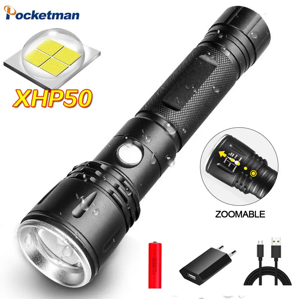 

10000LM High Brightness Self-Defense Flashlamp XHP50 Telescopic Zoom Flashlight 3 Mode Stepless Dimming Long Range Torch Lantern