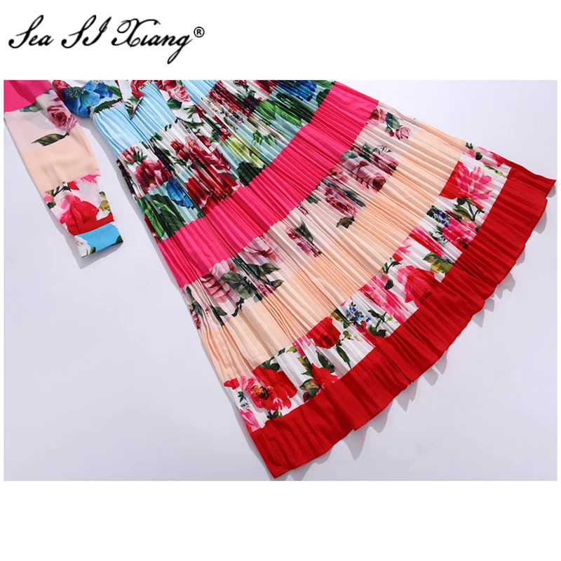 

Seasixiang Fashion Designer Spring Dress Women's Long Sleeve Lace Patchwork Diamonds Vintage Floral-Print Pleated Dresses