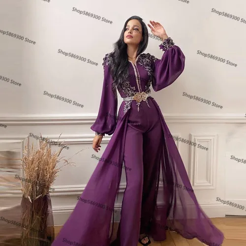 

Purple Long Sleeve Evening Jumpsuit Dress with Overskirt 2021 Lace Beaded Chiffon Moroccan Kaftan Dubai Arabic Prom Pant Suit