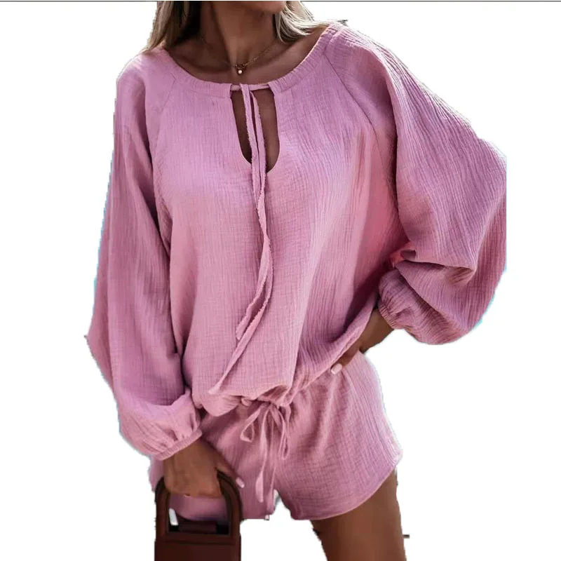 

2021 Fashion Loose Shorts Overalls Romper Spring Summer Long Sleeve Drawstring Jumpsuit Solid Casual Button Women Beach Playsuit