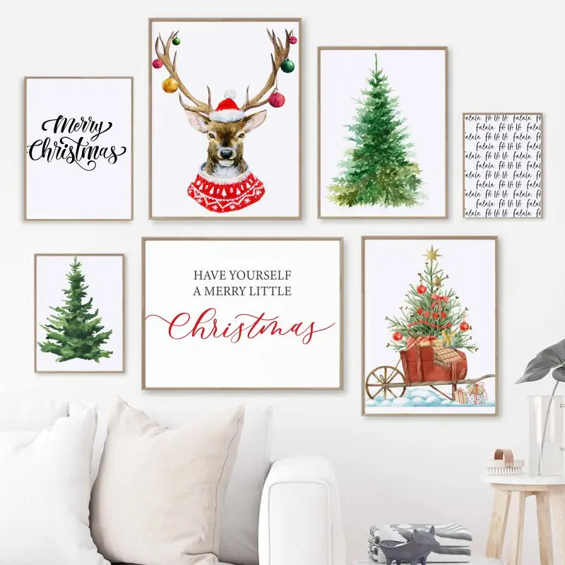 Рождественская елка настенная Картина на холсте рождественские плакаты с оленем