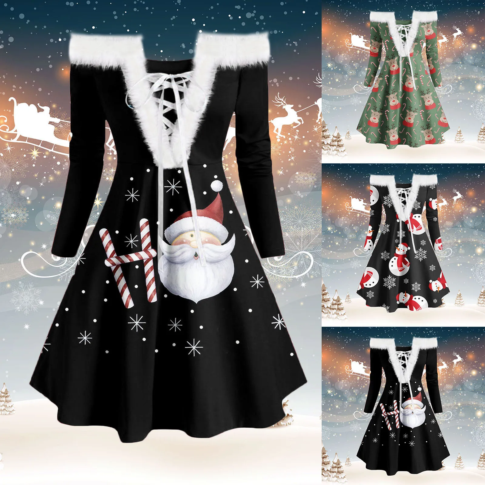 

Hot Women's Dress Ladies Fur-collar Strapless Party Dresses Sexy Lace-up Christmas Print Retro Plush Long-sleeved Female Dress