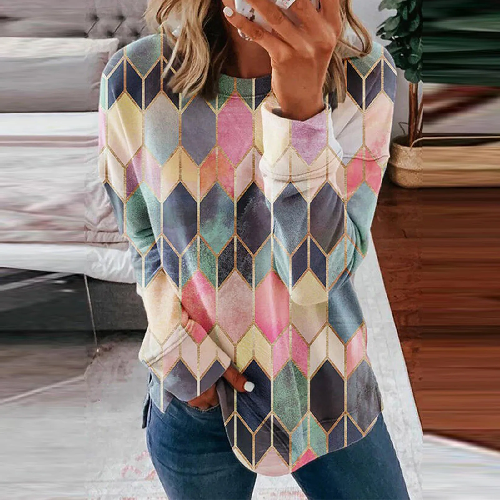 Модная женская Винтажная футболка с геометрическим рисунком сезон весна осень