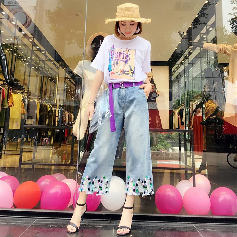 Летние женские винтажные широкие брюки с завышенной талией и блестками джинсы