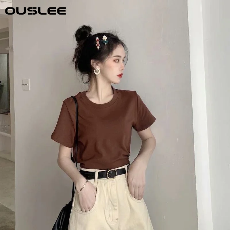OUSLEE 10 однотонные Цвета Базовая футболка для женщин Повседневная одежда с