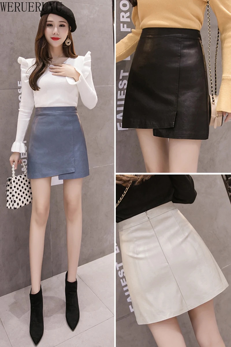 

WERUERUYU 2021 Winter Women PU Leather Irregular Skirt High Waist Slim Faux Leather Skirts