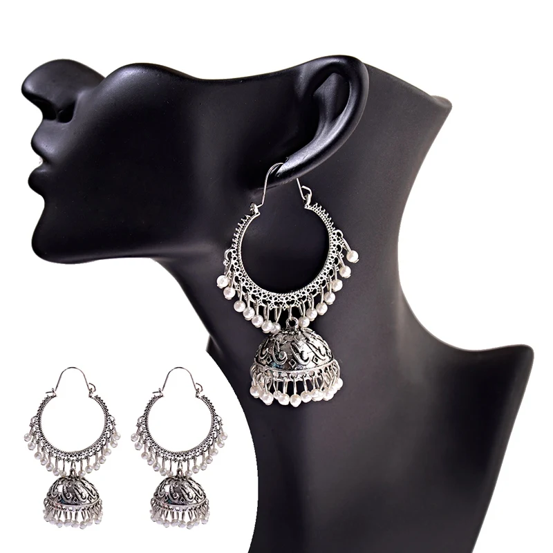Женские Этнические Ретро Круглые индийские серьги jhumka классические Винтажные белые бусины Серьги с кисточками свадебное украшение бижутерия