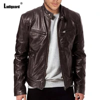 ladiguard plus size mens pu leather jackets autumn casual motorcycle jacket sexy faux leather coats pocket zipper top outerwear