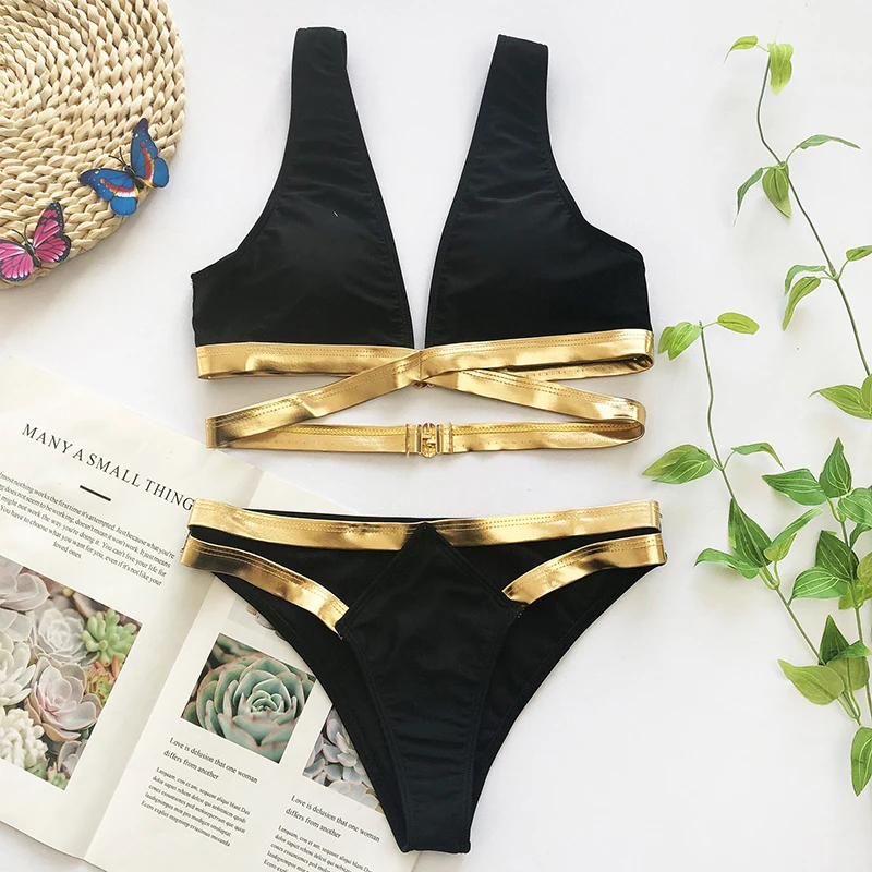 

Gold Swimsuit 2020 Female Sexy Bandage Swimwear Women Bikini Backless Vintage Bathing Beach Suit Two Piece Swimming Suit New