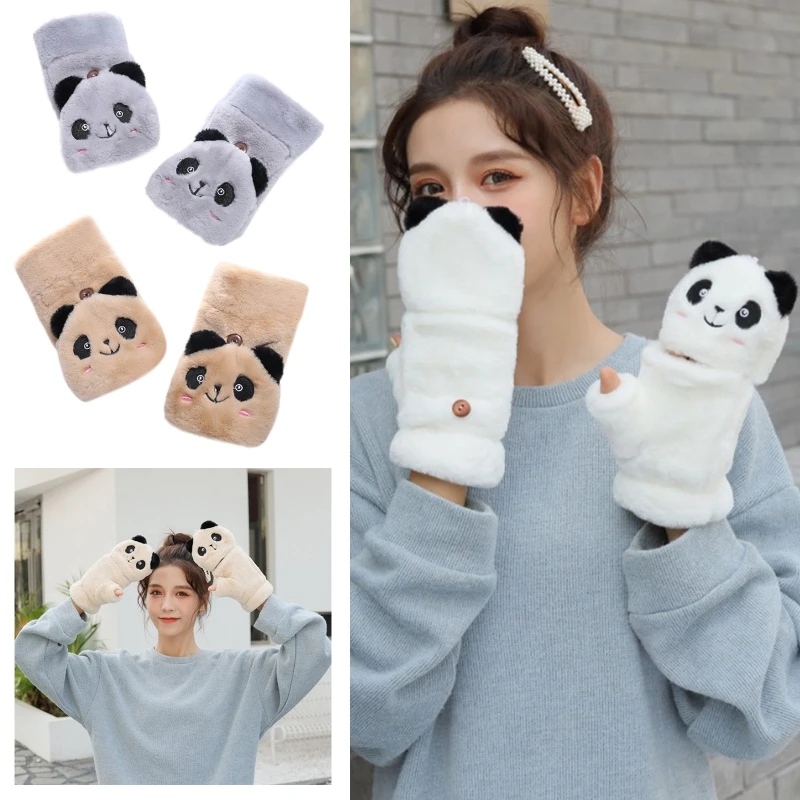 

Women Winter Half Finger Gloves Fluffy Plush Cartoon Panda Flip Top Warm Mittens