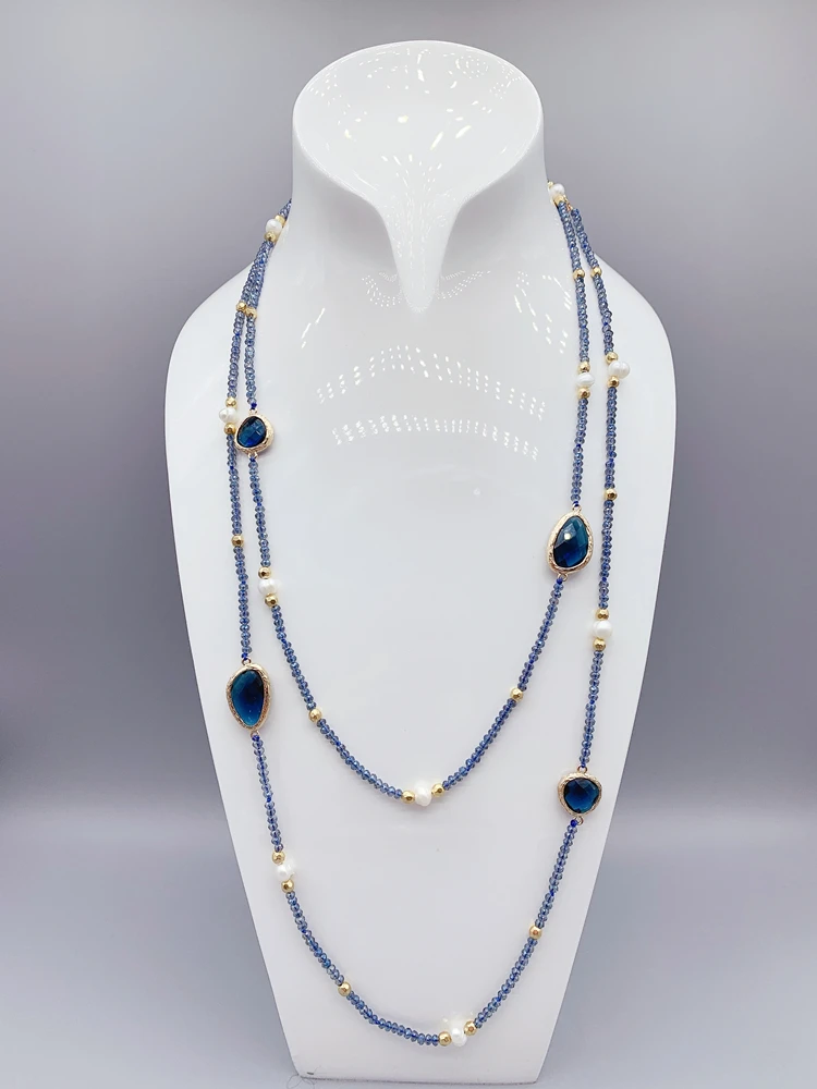 

Irregular Blue Quartz Long Necklace With 2mm Crystals 5-6mm White Freshwater Pearls Hammered Gold Beads For Women Girls 50 Inch