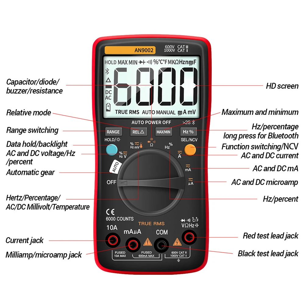 

AN9002 Current Voltage 6000 Counts True Rms Auto-Range Smart Bluetooth Digital Multimeter Tool Battery Powered Home APP Portable
