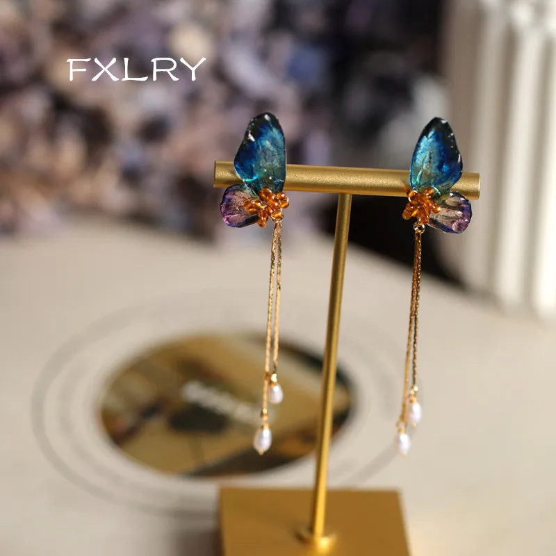 

FXLRY Original design handmade natural freshwater pearl Fashion butterfly long tassel earrings Bridal wedding jewelry