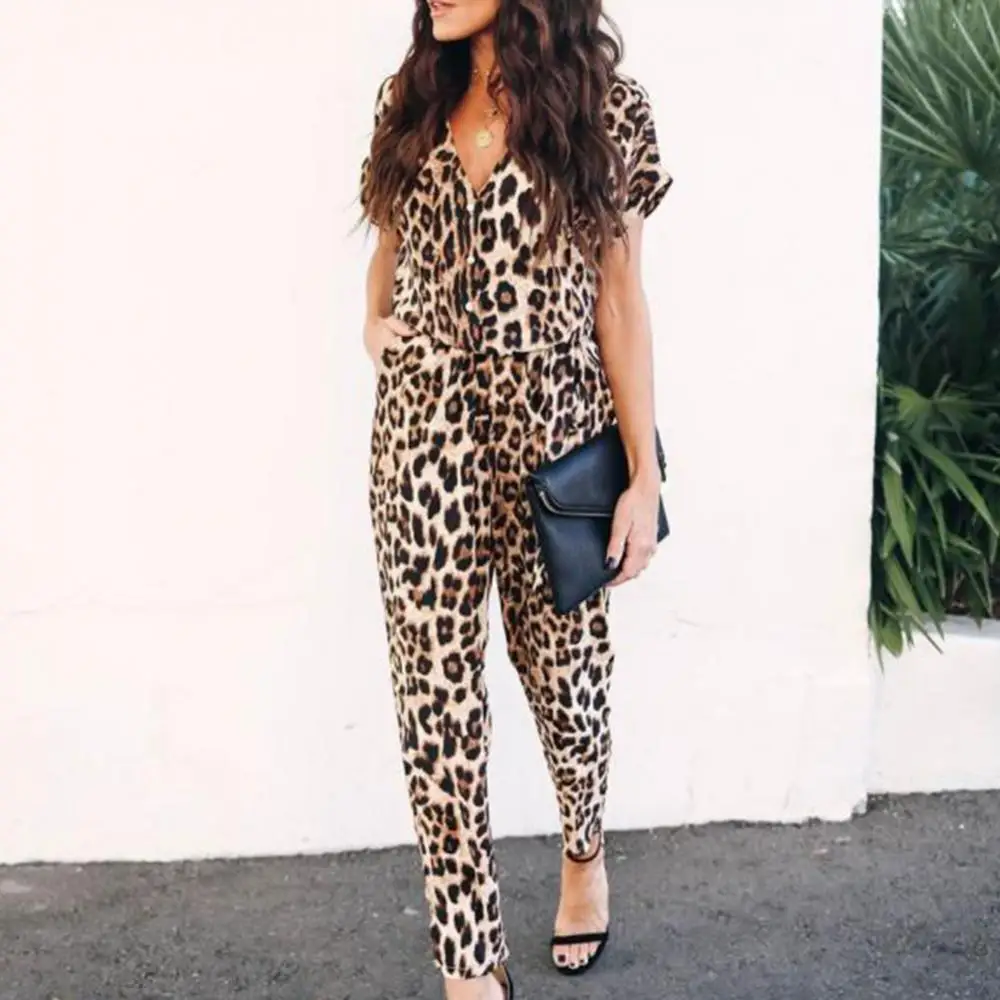 

Женский комбинезон с леопардовым принтом, длинный комбинезон с V-образным вырезом и короткими рукавами, 70%