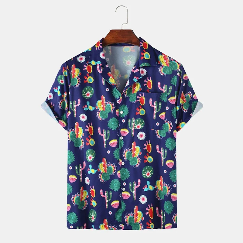 

2021 Summer Hawaiian Shirt Mens Beach Cactus Printed Short Sleeve Floral Shirts Men Korean Clothes Plus Size blusa masculina