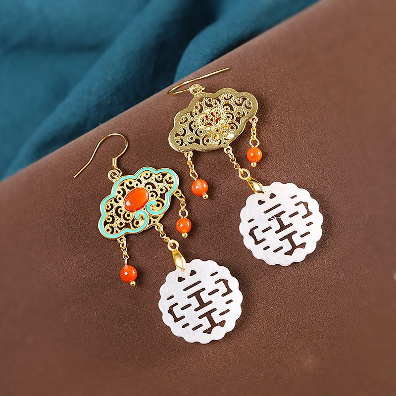 

Fashion Chinese Style S925 Silver Burnt Blue Hetian Jade Lady Earrings
