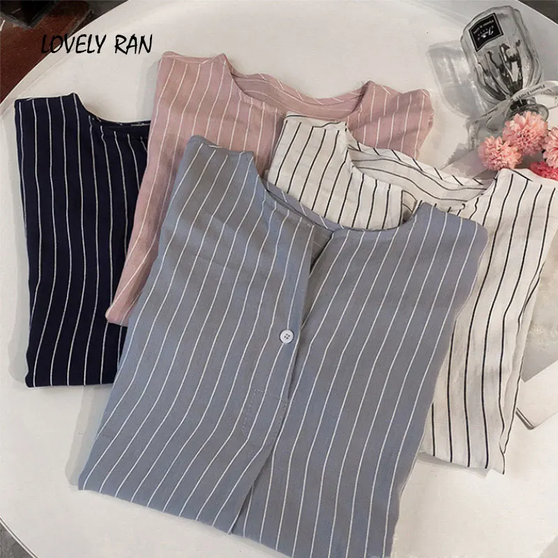 

Striped Plus Size Women Shirts Elegant Seven-quarter Sleeves Buttons Shirt Female Spring Summer Fashion Office Lady Tops