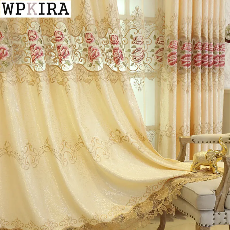 Занавеска с вышивкой пиона в американском стиле для гостиной прозрачная бежевая