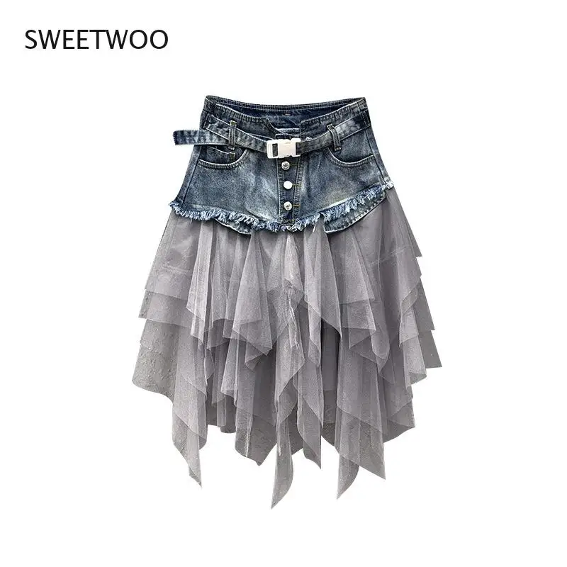

2021 European and American Summer New Style Mesh Stitching High Waist Slim Fit Casual Style Denim Skirt Women