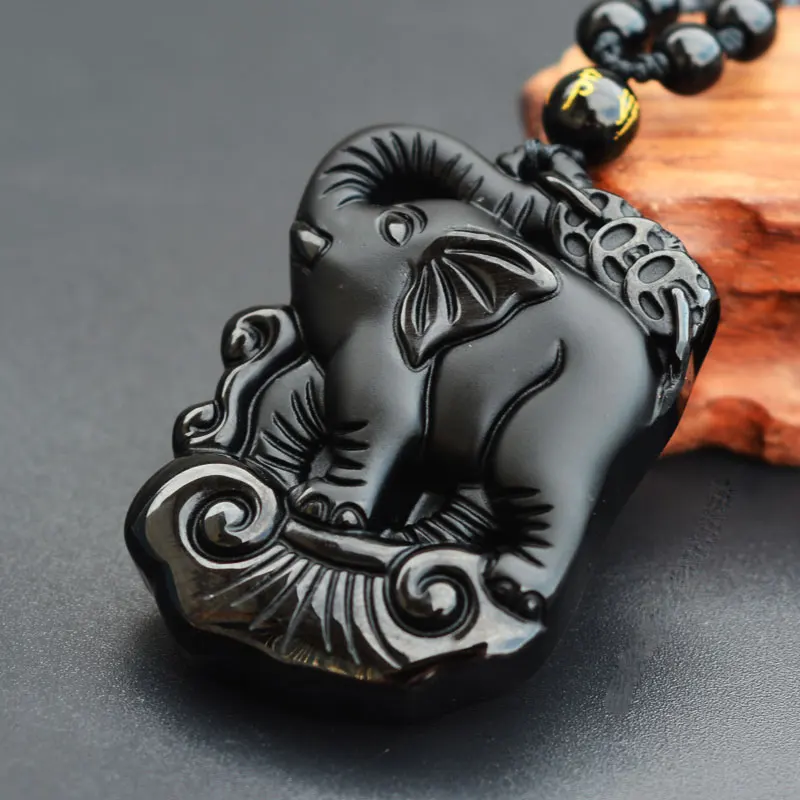 Мужское ожерелье подвеска черный обсидиан слон в багажник СВОБОДНАЯ цепь для