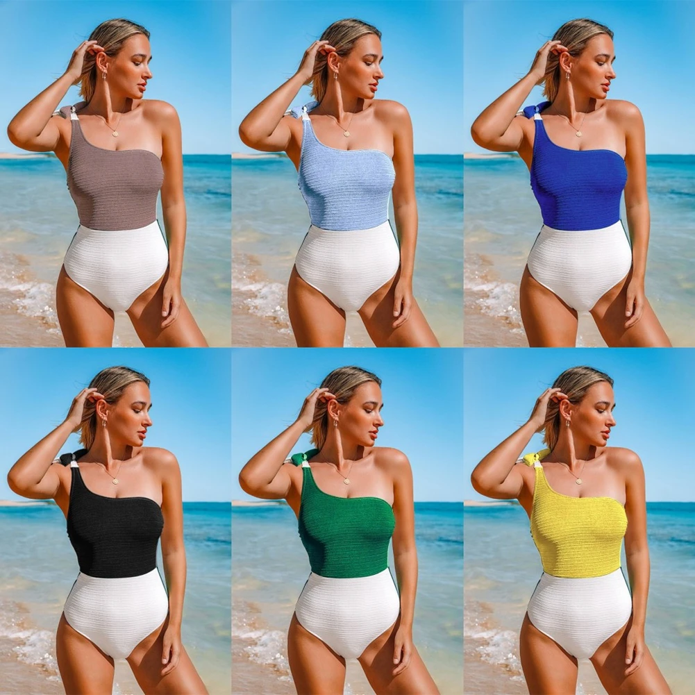 XS-4XL слитный серо-белый купальник на одно плечо женский сексуальный Монокини 2021