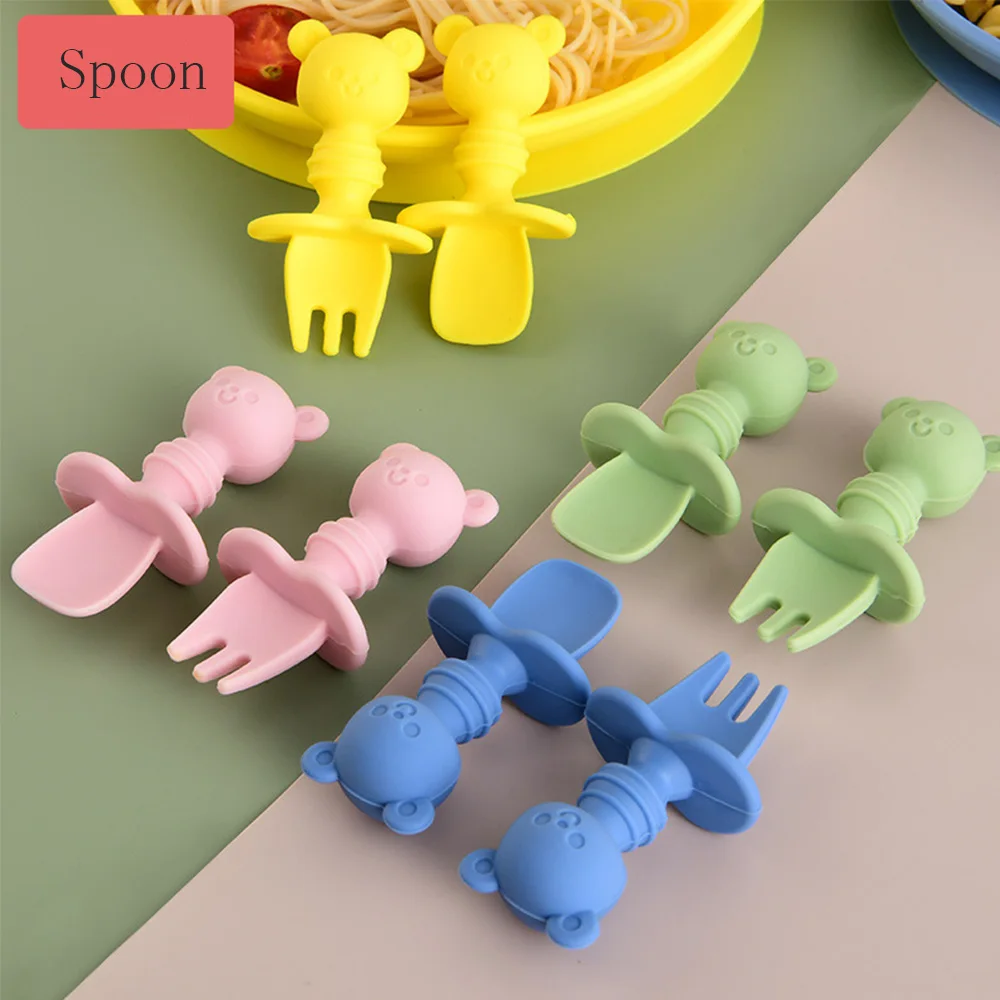 

2Pcs Training Utensils Tableware Baby Learn Spoon Fork Set Short Easy Spoon Cartoon Silicone Infant Anti-slip Feeding