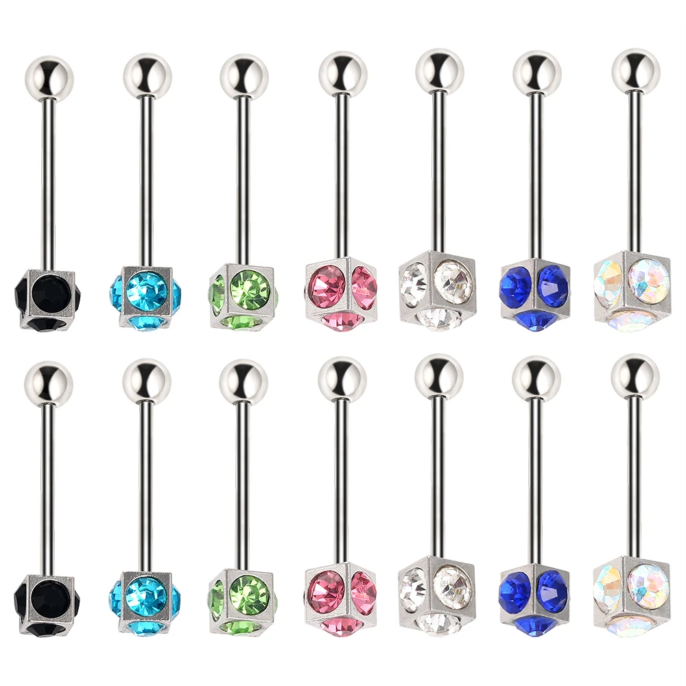 

1Piece 1.6x19x5+6mm Crystal Tongue Ring Ear studs Stainless Steel Straight Barbell Tongue Nail Rings Body Piercing Jewelry