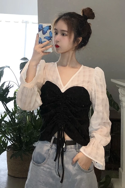 

Sweet Drawstring V-neck Flare Long Sleeve Shirt for Women 2021 Spring Plus Size Splicing Pullover Contrast Color Shirt Female