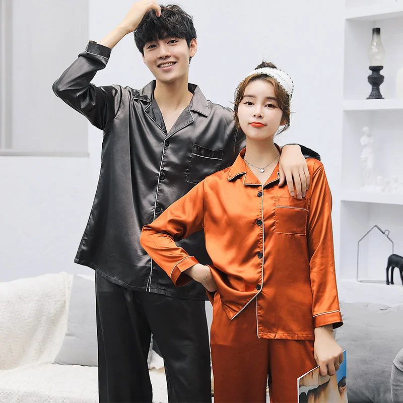 Sexy satin couple pajamas set Silk Pajamas For Women and men Lovers long sleeved autumn Pyjamas Sleepwear Sets Pijama Mujer