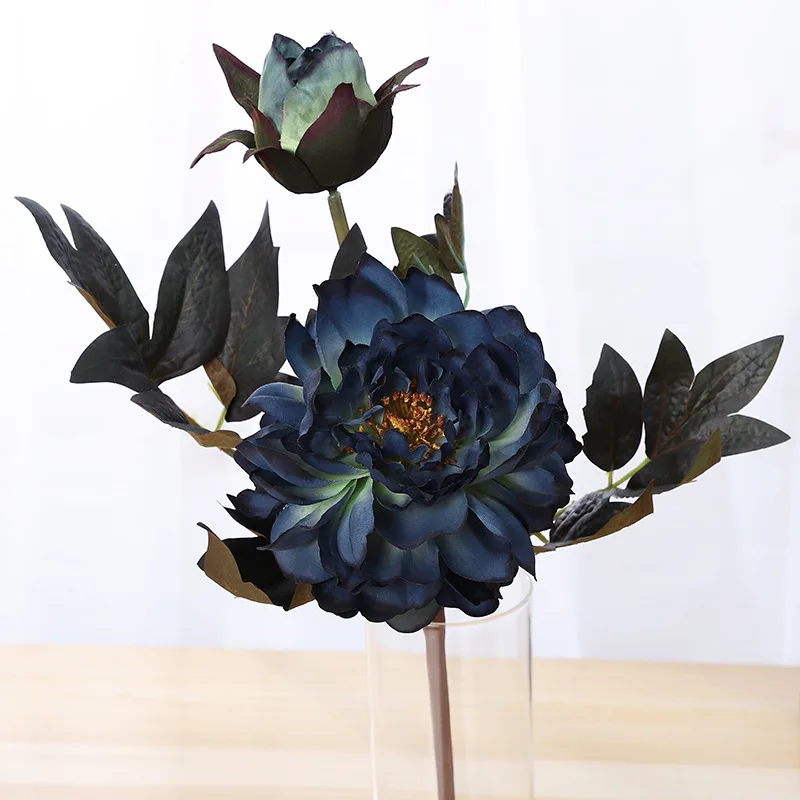 Type 1deep-blue Йо Чо Настоящее прикосновение День рождения Рождество Декор Искусственный шёлковый Пион цветок 2 головы Роза Свадебная часть украшения лист цветок - Цвет: Type 1deep-blue