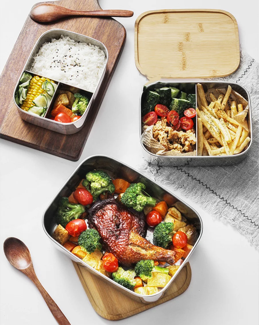1200ML/1400ML Stainless Steel Lunch Box Adults Bento Food Container 3 compartments for Kids With Bamboo lid 304 Large Capacity |