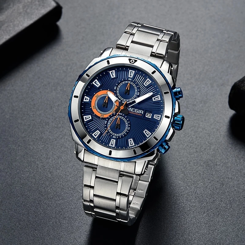 

MEGIR Stainless Steel Quartz Men's Watch Fashion Men's Sports Luminous Waterproof Watch Calendar Multi-function Chronograph 2075