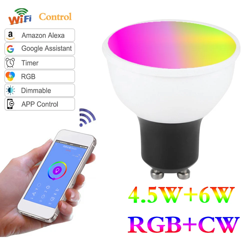 Светодиодный прожектор Смарт wifi Светодиодная лампа AC85V-265V RGBW затемнение 6 Вт E27 E26 GU10 Gu5.3 работа с Google Home умный wifi прожекторы