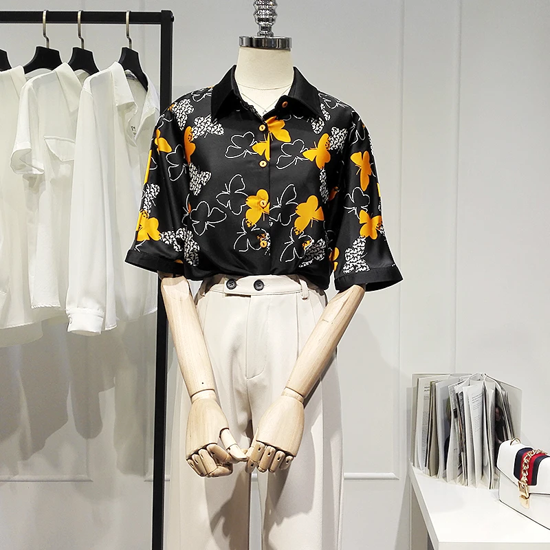 

Printed Shirt for Women 2021 Summer New Loose Blouse Lazy Style Elegant All-match Top Shirt Straight Half Sleeve Polo Collar Top