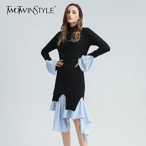 Свитер оверсайз TWOTWINSTYLE для женщин, водолазка, расклешенная, длинный рукав, пэчворк, хитовый цвет, вязаные свитера для женщин, 2022 одежда