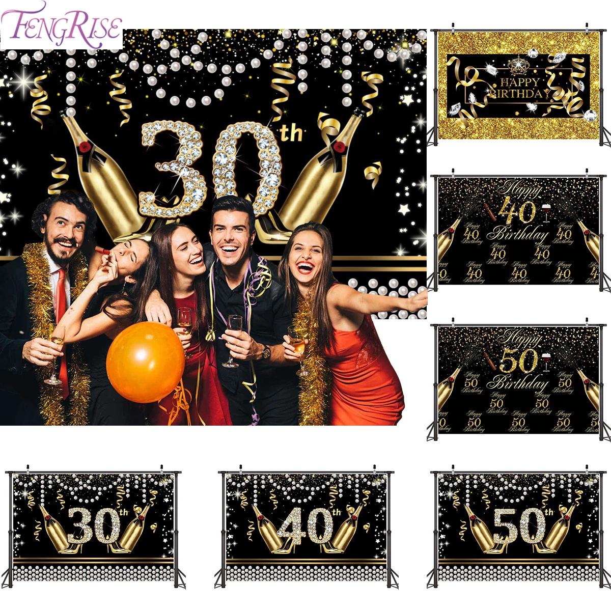 Превосходный роскошный фон для фотосъемки на день рождения Золотая черная