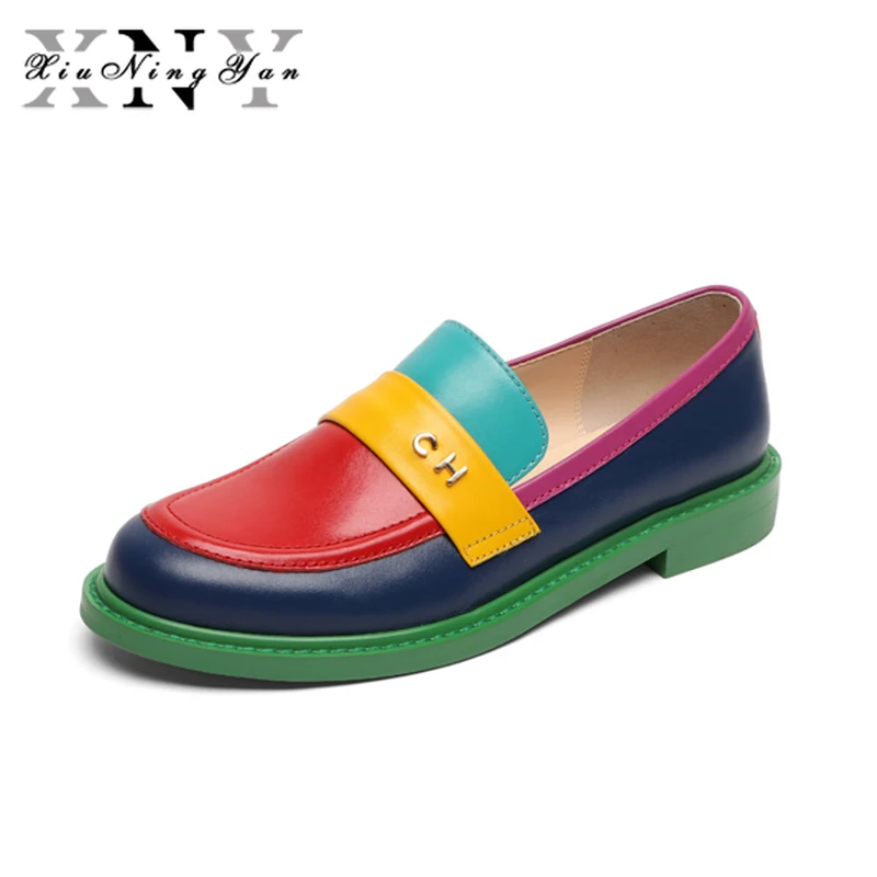 

XiuNingYan Brand Shoes Woman Loafers Genuine Leather Women Flat Shoes Slip-on Fashion Handmade Mixed Colors Woman Casual Oxfords